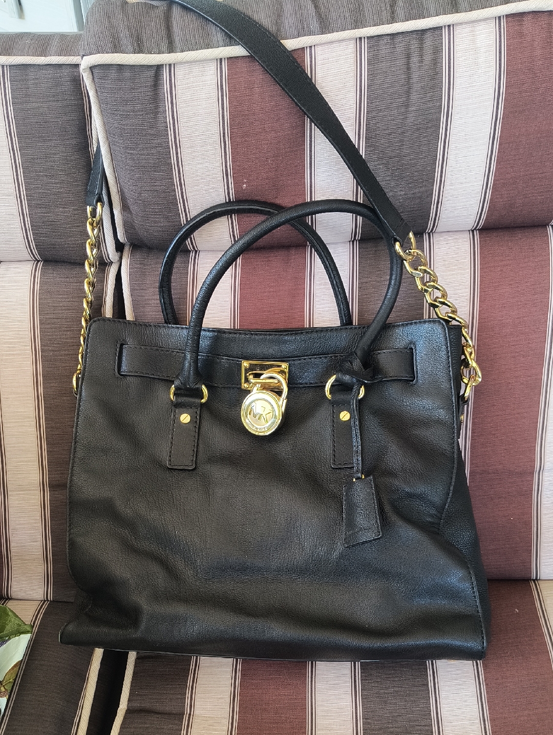 Michael Kors Black Leather Tote With Gold Hardware And Lock Medallion